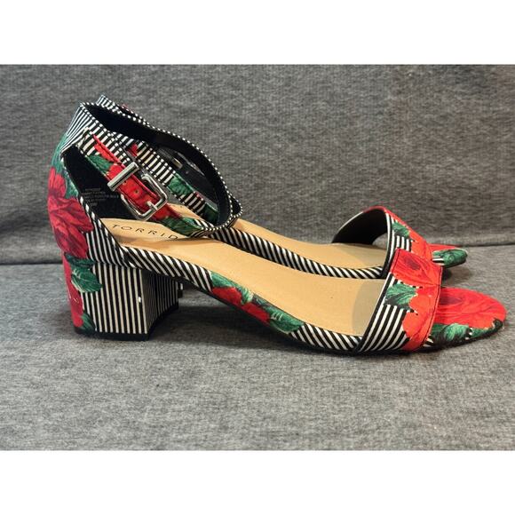 Torrid Rose Floral Striped Ankle Strap Block Heel - Women's Size 9 - Picture 1 of 6